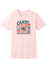 Fresh Candy Canes tee in Soft Pink, featuring vintage candy shop lettering with two striped candy canes tied in a green bow and a North Pole Peppermint sign
