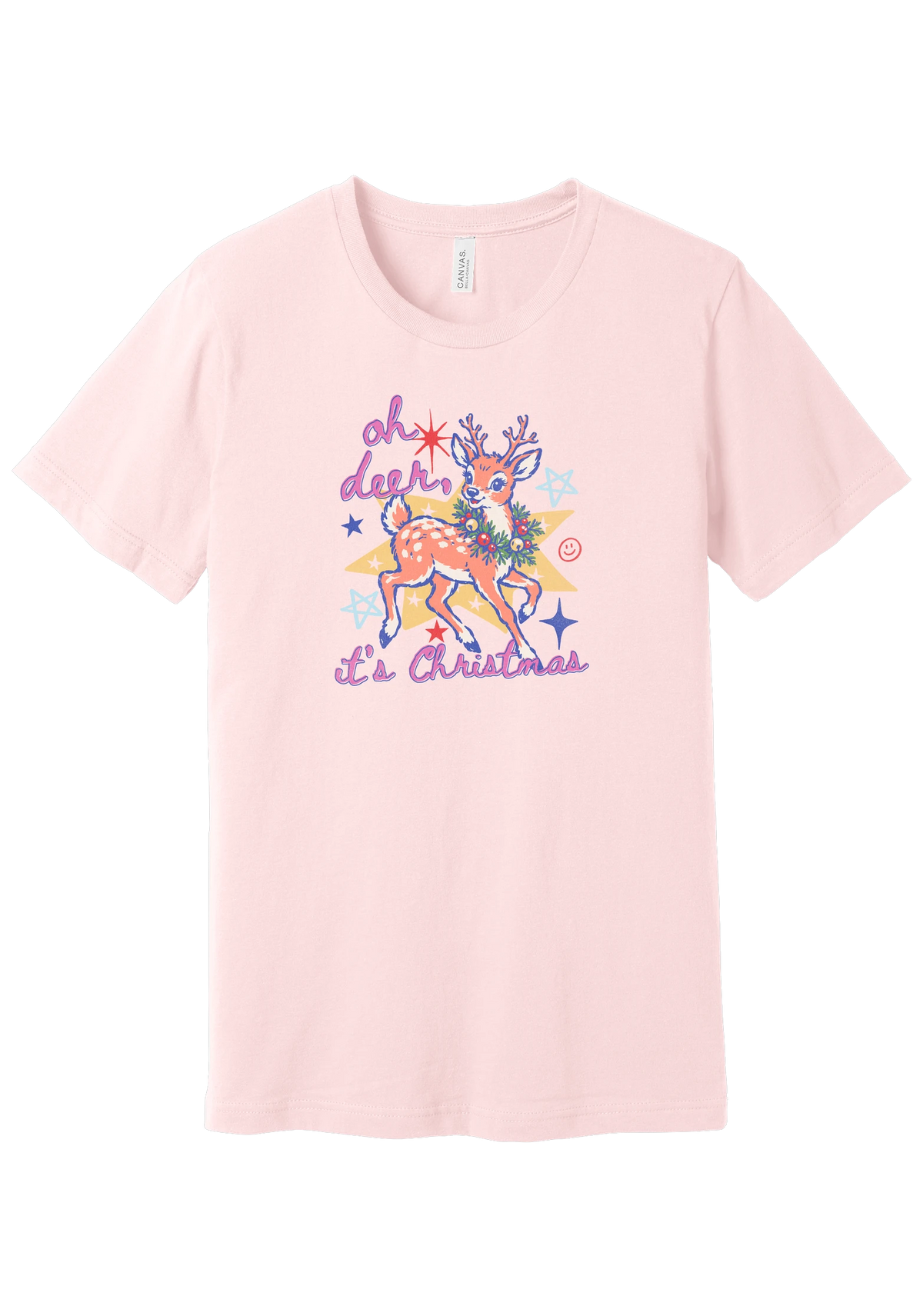 Oh Deer Retro tee in Soft Pink, featuring a retro spotted fawn wearing a holly wreath with pastel stars and hand-lettered script