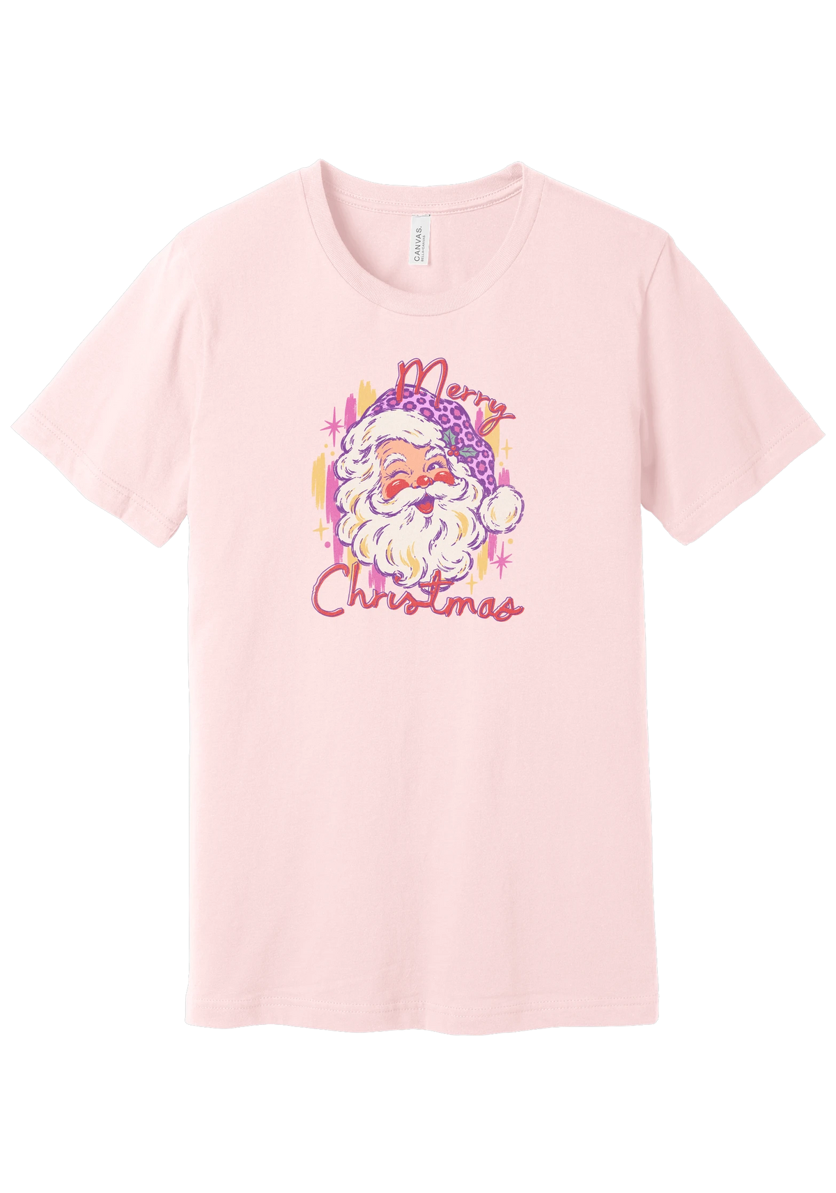 Preppy Santa (Pink Leopard) tee in Soft Pink, featuring a vintage Santa in a pink leopard hat above candy-colored Merry Christmas script