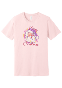 Preppy Santa (Pink Leopard) tee in Soft Pink, featuring a vintage Santa in a pink leopard hat above candy-colored Merry Christmas script