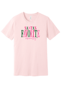 Santa's Favorite, Obviously tee in Soft Pink, featuring bold SANTA'S FAVORITE serif lettering with a sassy obviously script
