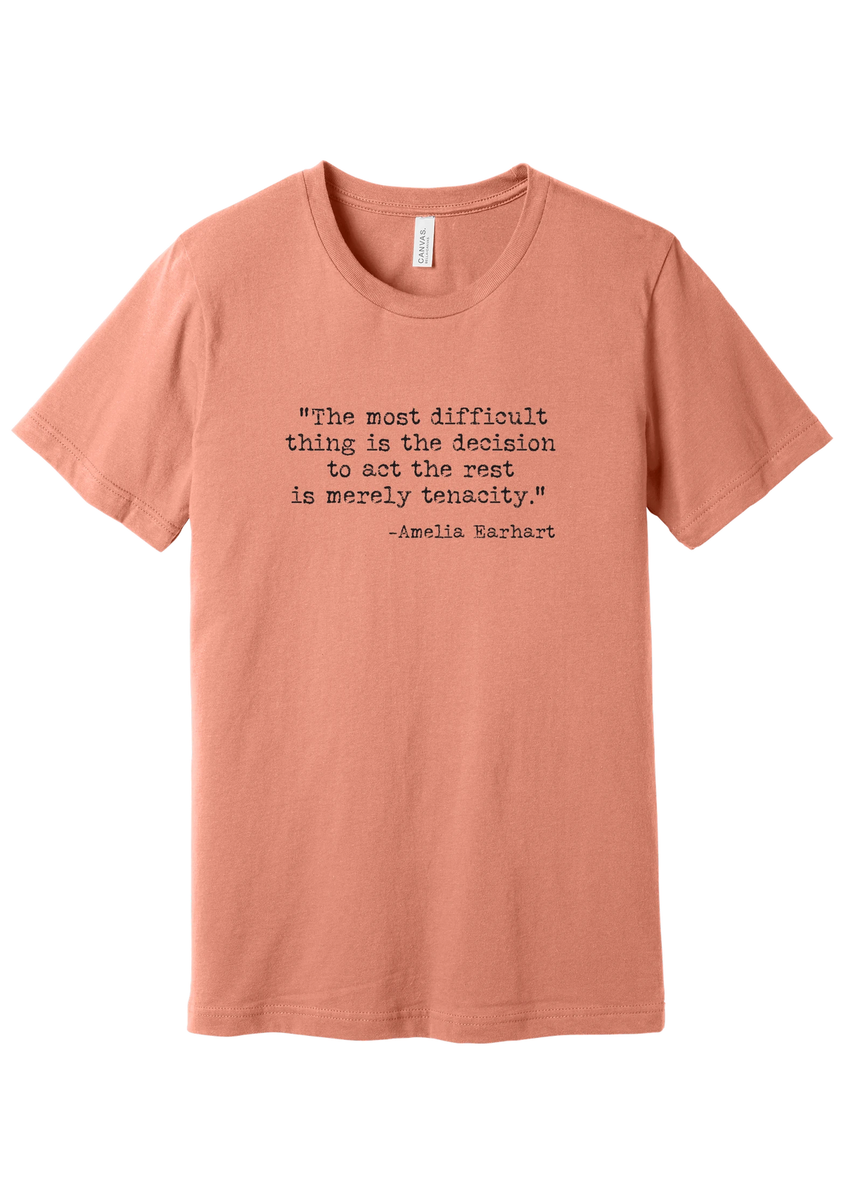 Amelia Earhart Tenacity Quote tee in Sunset, featuring The most difficult thing is the decision to act the rest is merely tenacity in distressed black typewriter letters