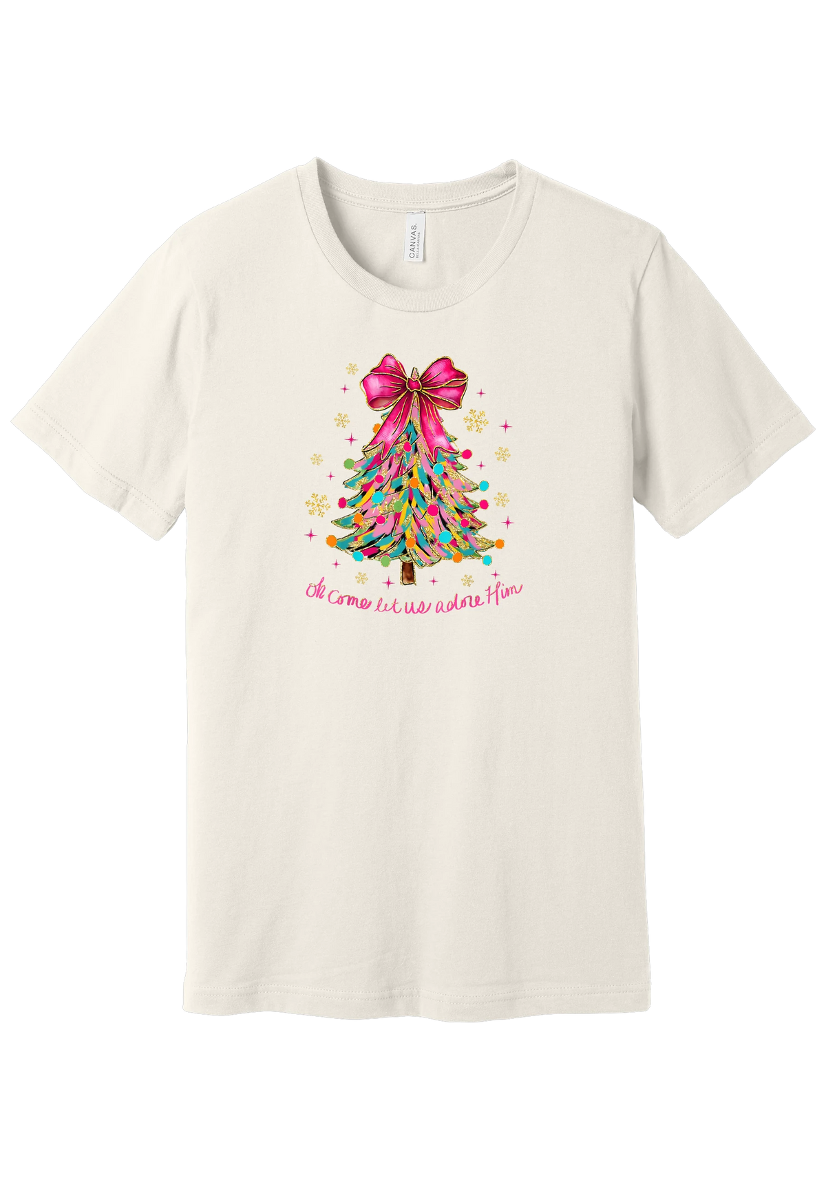 Adore Him Ribbon Tree tee in Vintage White, featuring a colorful ribbon Christmas tree topped with a hot pink bow over Oh Come Let Us Adore Him script