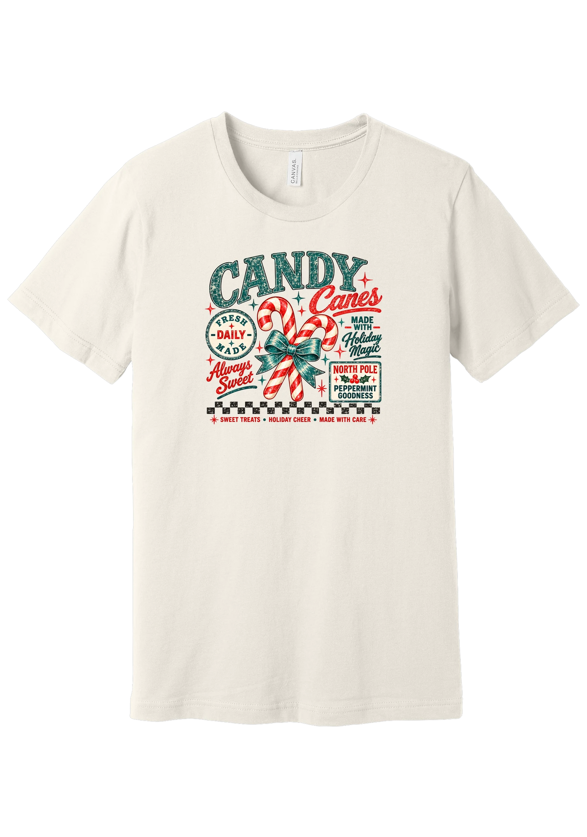 Fresh Candy Canes tee in Vintage White, featuring vintage candy shop lettering with two striped candy canes tied in a green bow and a North Pole Peppermint sign