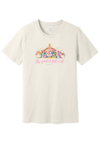 The Greatest Gift of All tee in Vintage White, featuring a soft watercolor nativity scene beneath the star with Matthew 1:21