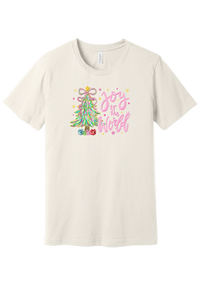 Joy to the World Pastel Tree tee in Vintage White, featuring a pastel tinsel Christmas tree with a ribbon bow beside Joy to the World pink script