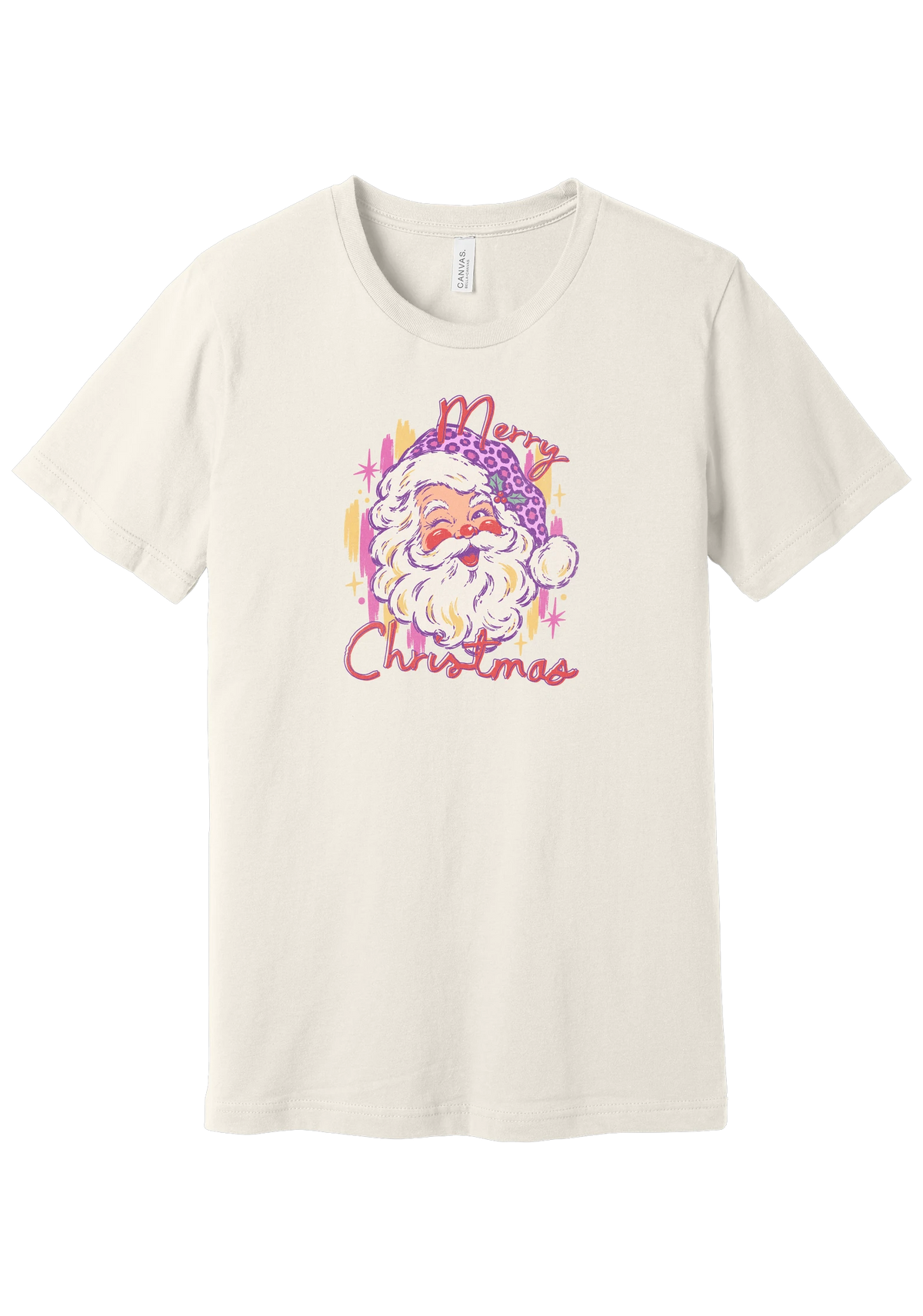 Preppy Santa (Pink Leopard) tee in Vintage White, featuring a vintage Santa in a pink leopard hat above candy-colored Merry Christmas script