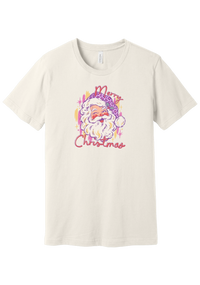 Preppy Santa (Pink Leopard) tee in Vintage White, featuring a vintage Santa in a pink leopard hat above candy-colored Merry Christmas script