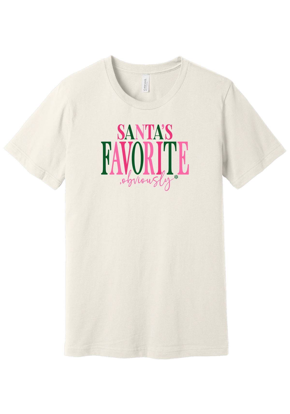Santa's Favorite, Obviously tee in Vintage White, featuring bold SANTA'S FAVORITE serif lettering with a sassy obviously script