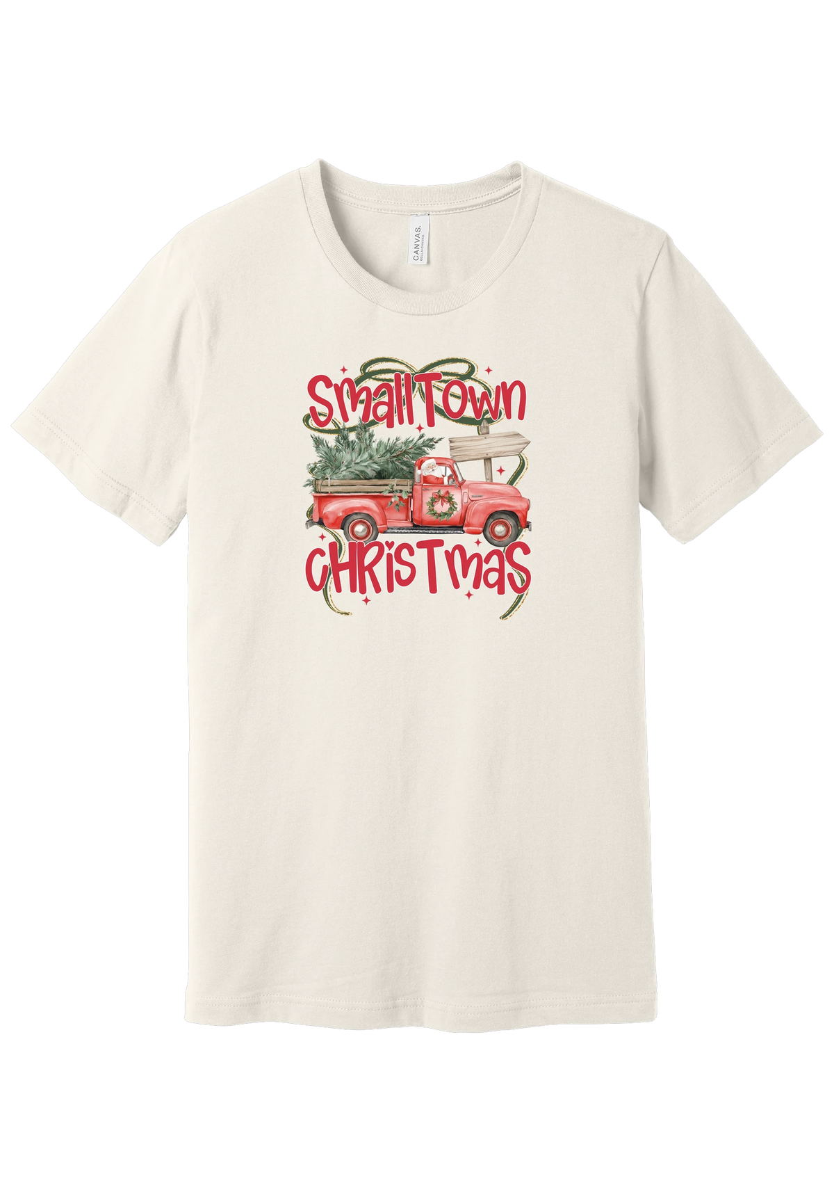 Personalized Small Town Christmas tee in Vintage White, featuring Santa in a vintage red pickup hauling a Christmas tree past a road sign personalized with your town