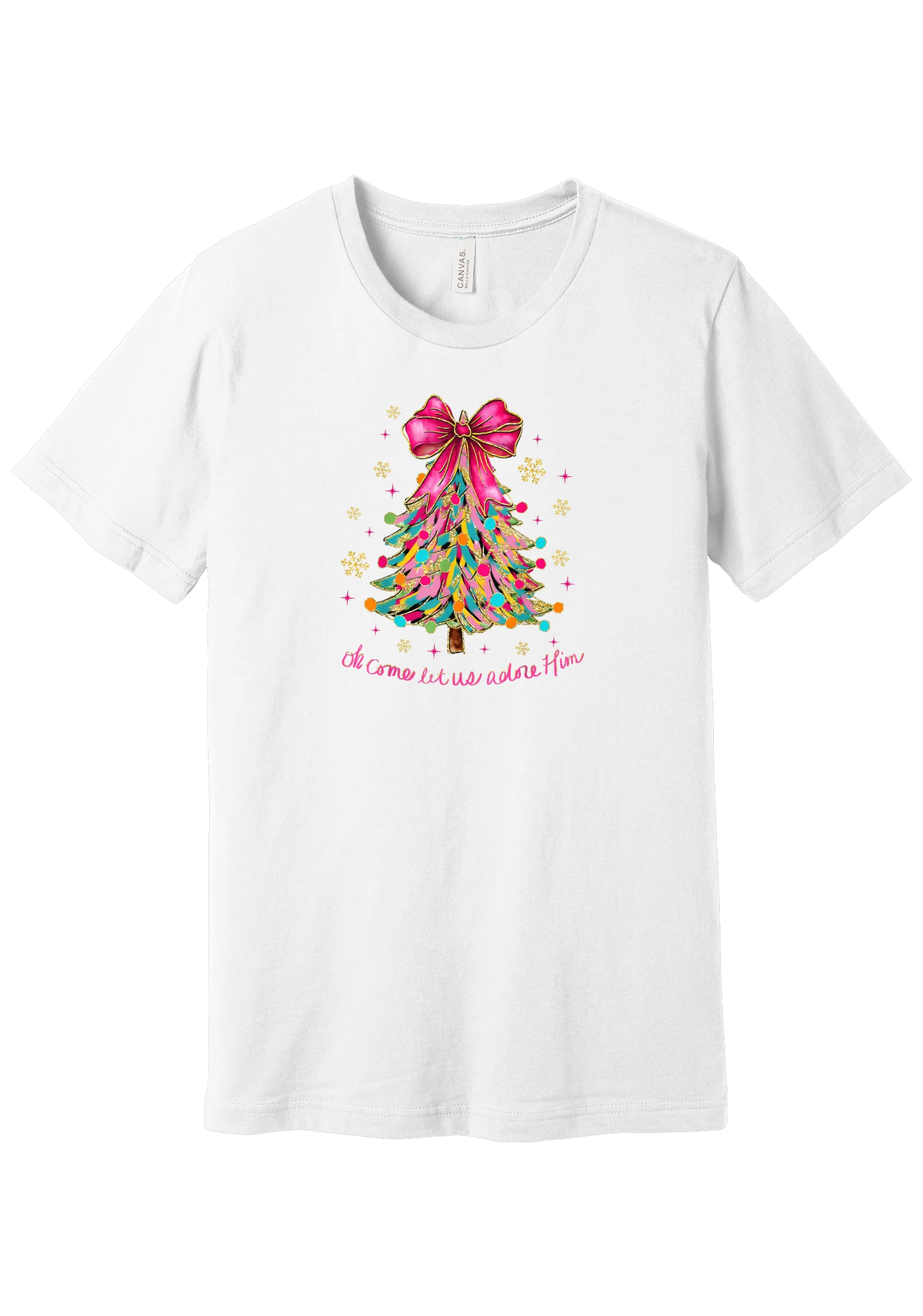 Adore Him Ribbon Tree tee in White, featuring a colorful ribbon Christmas tree topped with a hot pink bow over Oh Come Let Us Adore Him script