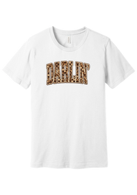 Darlin' tee, Leopard Checker design, in White, featuring arched varsity DARLIN' letters filled with leopard and checker print