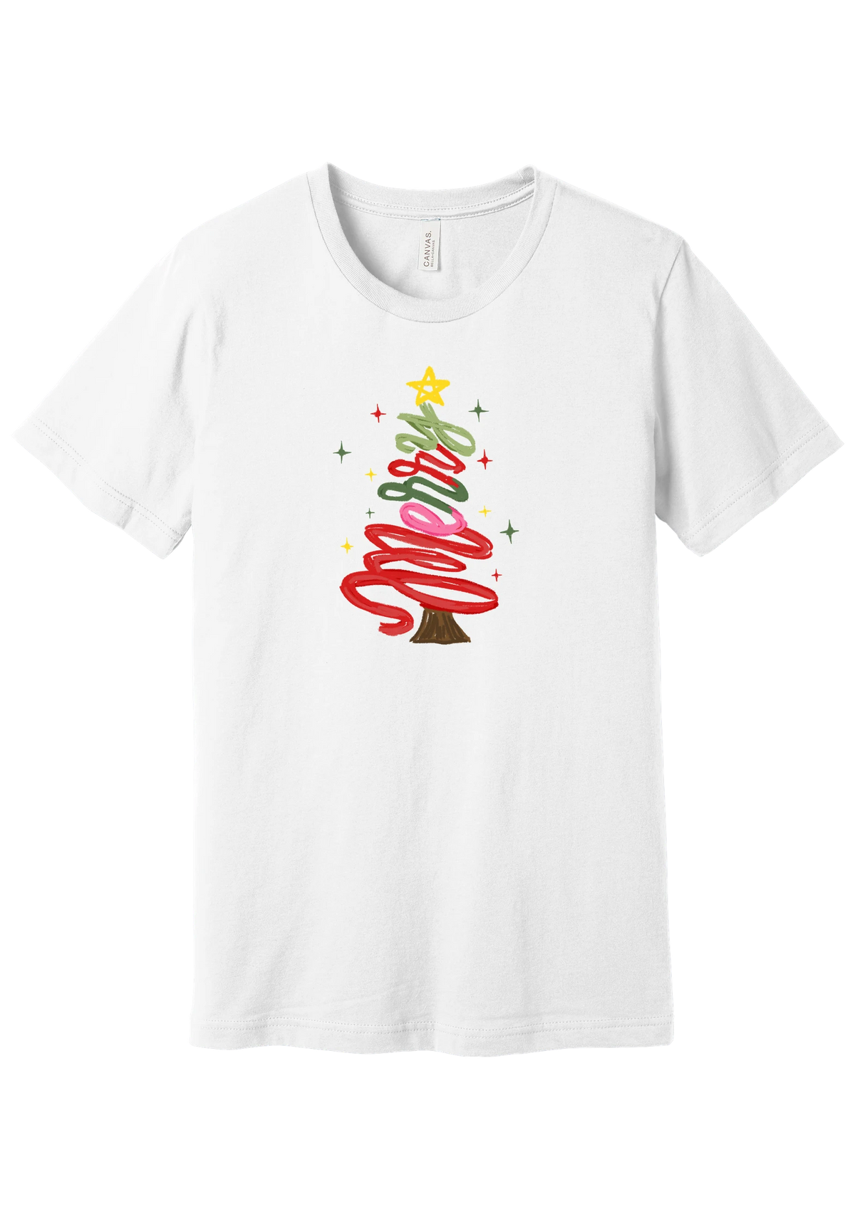 Hand Script Merry Christmas Tree tee in White, featuring loopy hand-lettered Merry stacked into a Christmas tree with a gold star and sparkles