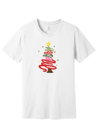 Hand Script Merry Christmas Tree tee in White, featuring loopy hand-lettered Merry stacked into a Christmas tree with a gold star and sparkles
