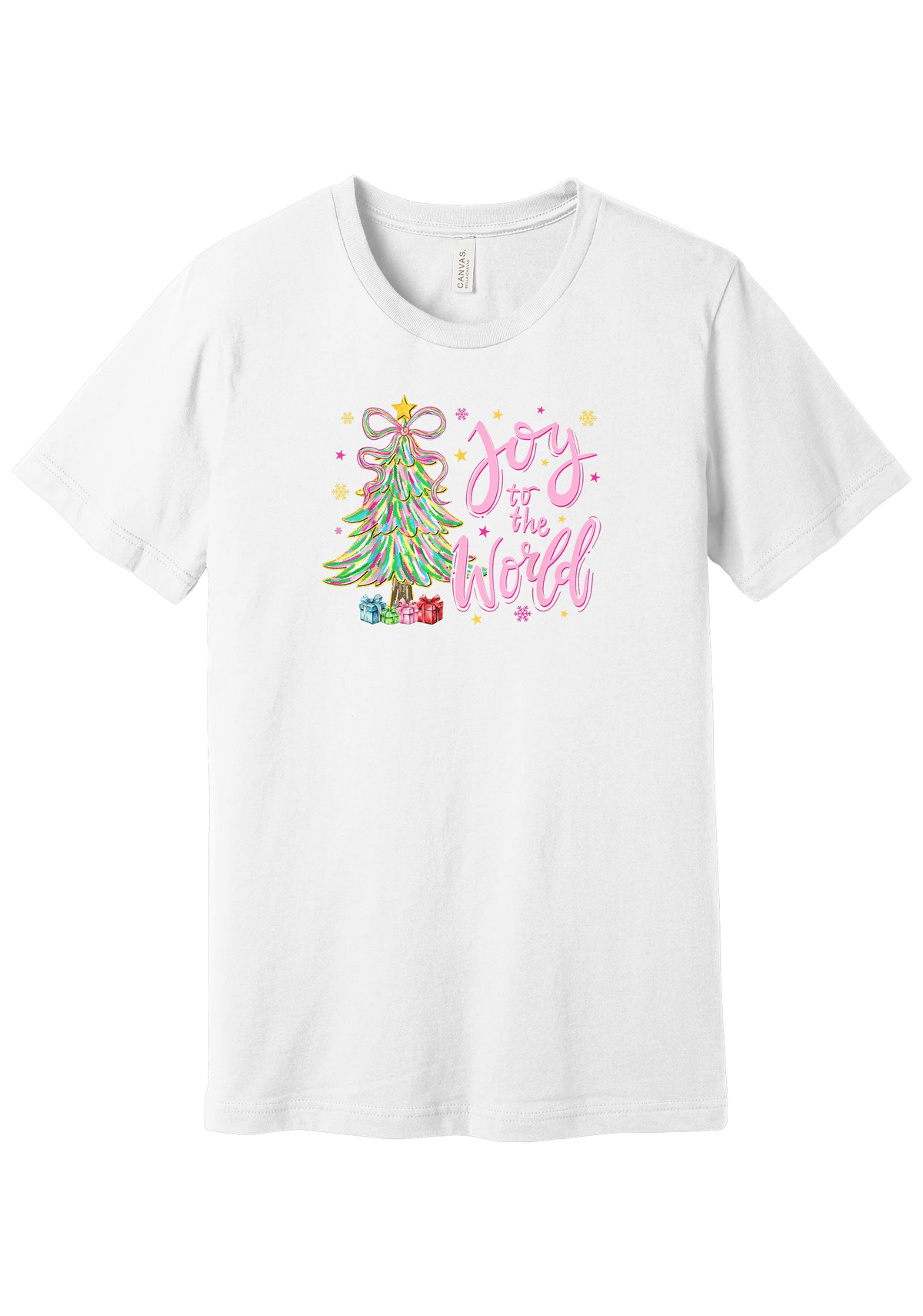 Joy to the World Pastel Tree tee in White, featuring a pastel tinsel Christmas tree with a ribbon bow beside Joy to the World pink script