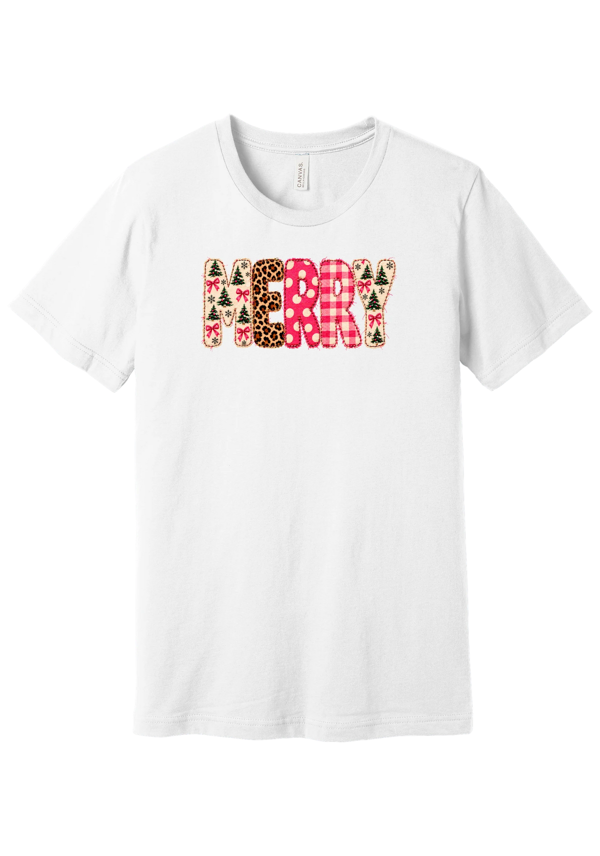 Merry Preppy Applique tee in White, featuring faux applique MERRY letters in pink and green patchwork patterns with trees, gingham, Santas, polka dots, and candy cane stripes