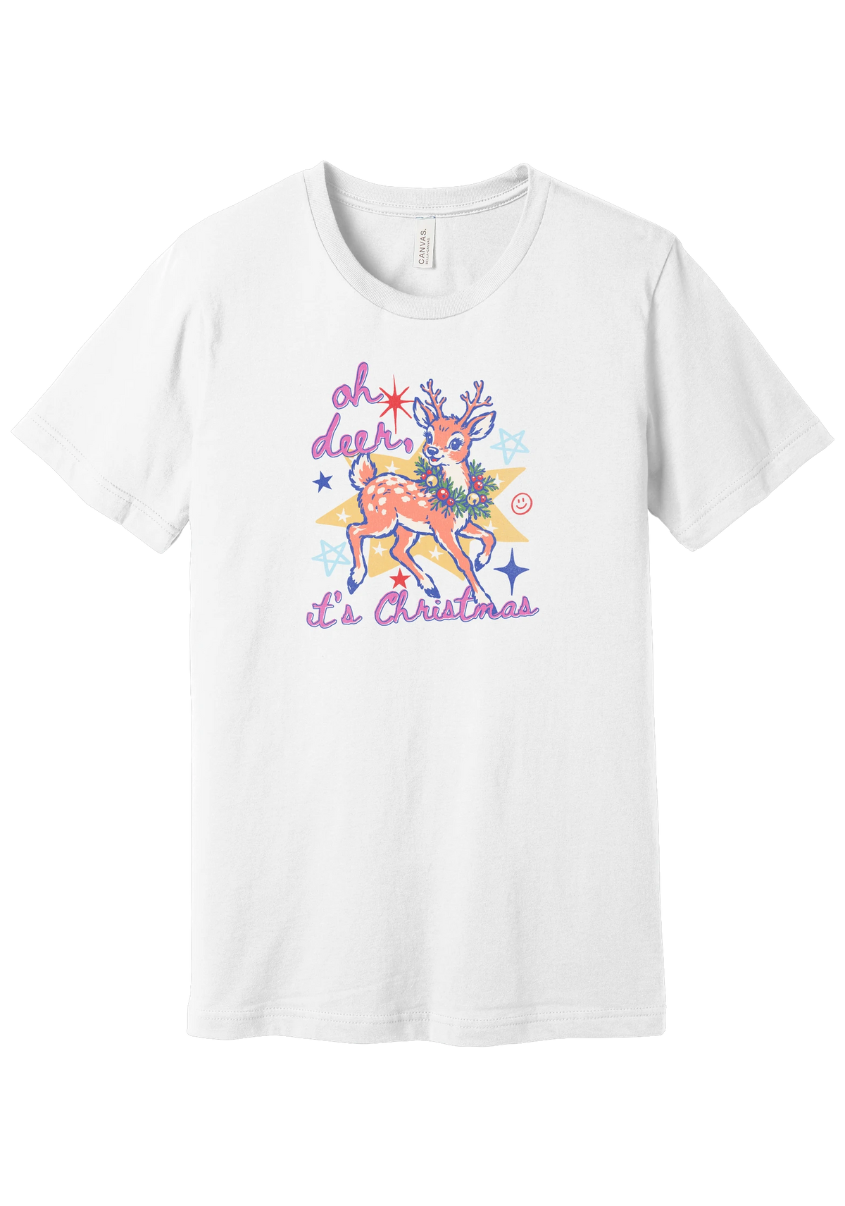 Oh Deer Retro tee in White, featuring a retro spotted fawn wearing a holly wreath with pastel stars and hand-lettered script