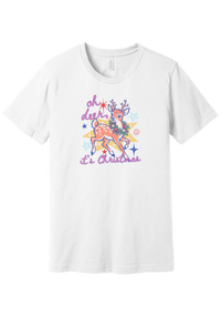 Oh Deer Retro tee in White, featuring a retro spotted fawn wearing a holly wreath with pastel stars and hand-lettered script