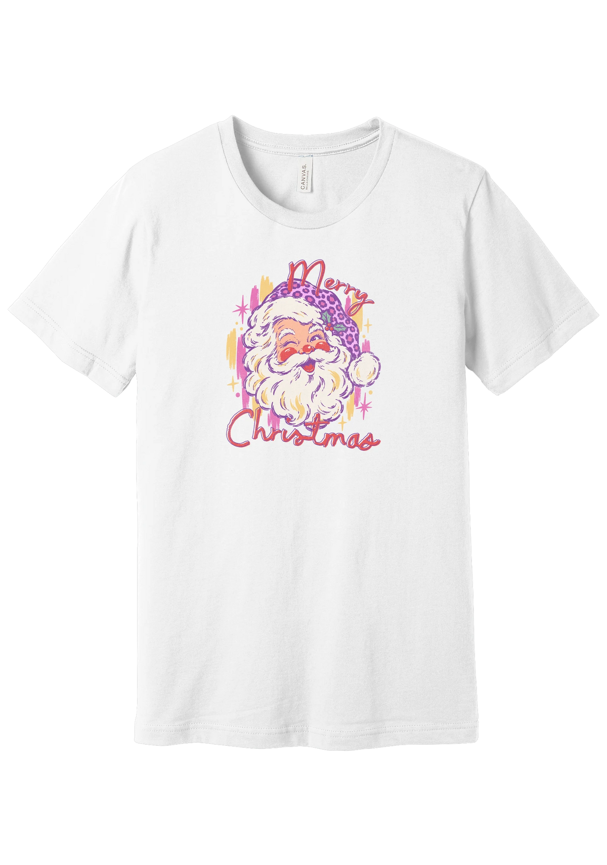 Preppy Santa (Pink Leopard) tee in White, featuring a vintage Santa in a pink leopard hat above candy-colored Merry Christmas script