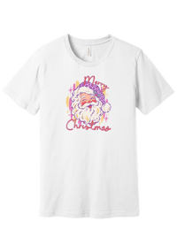 Preppy Santa (Pink Leopard) tee in White, featuring a vintage Santa in a pink leopard hat above candy-colored Merry Christmas script