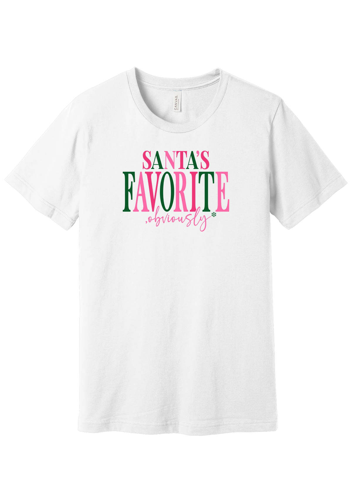 Santa's Favorite, Obviously tee in White, featuring bold SANTA'S FAVORITE serif lettering with a sassy obviously script
