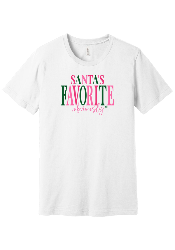 Santa's Favorite, Obviously tee in White, featuring bold SANTA'S FAVORITE serif lettering with a sassy obviously script
