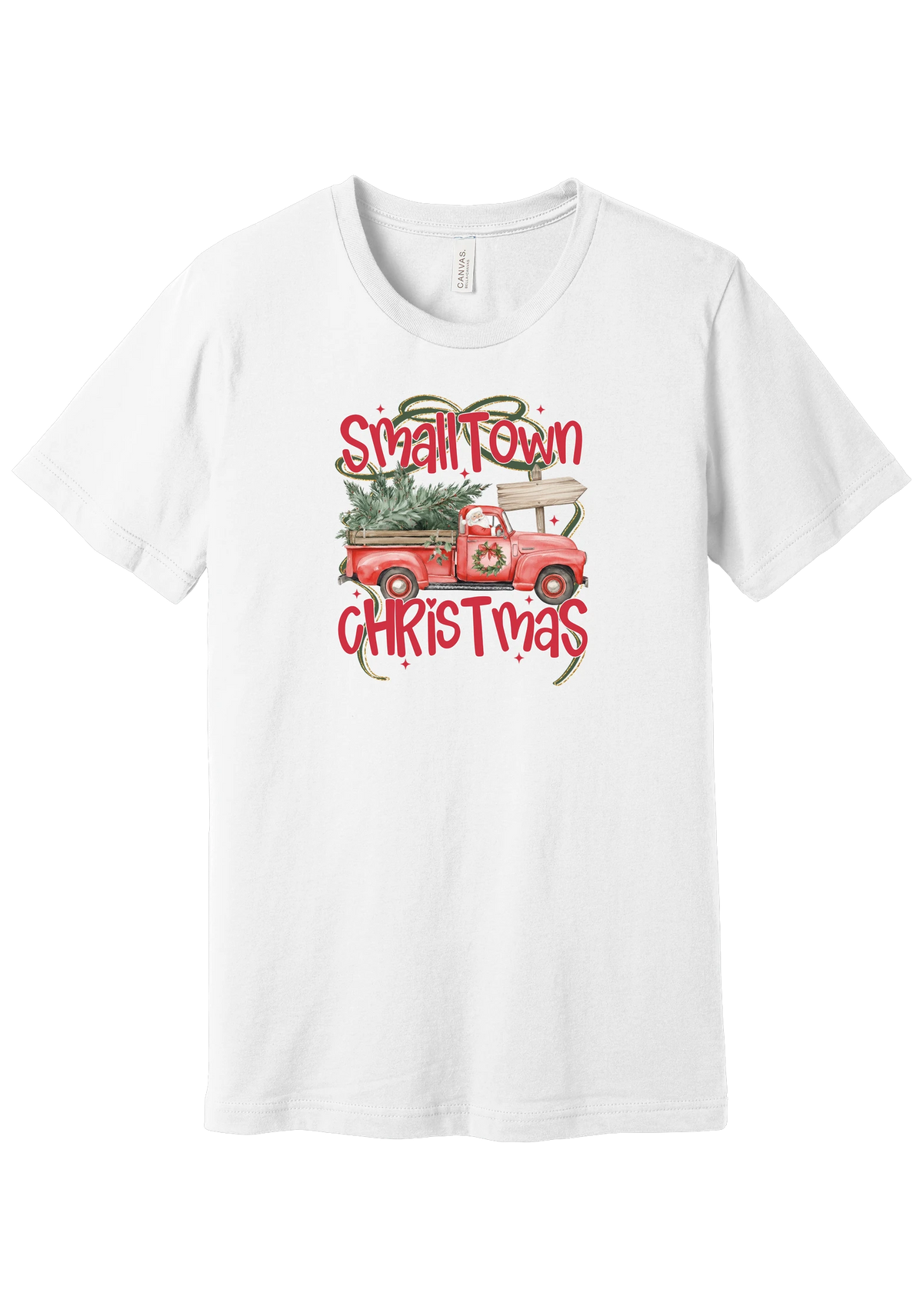 Personalized Small Town Christmas tee in White, featuring Santa in a vintage red pickup hauling a Christmas tree past a road sign personalized with your town