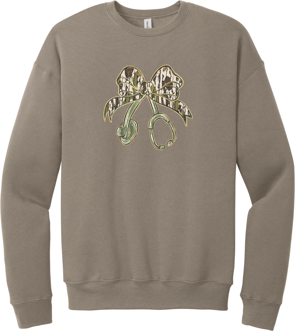 Camo Bow Stethoscope crewneck sweatshirt in Tan, featuring a glittery camo print coquette bow tied to a sage green stethoscope