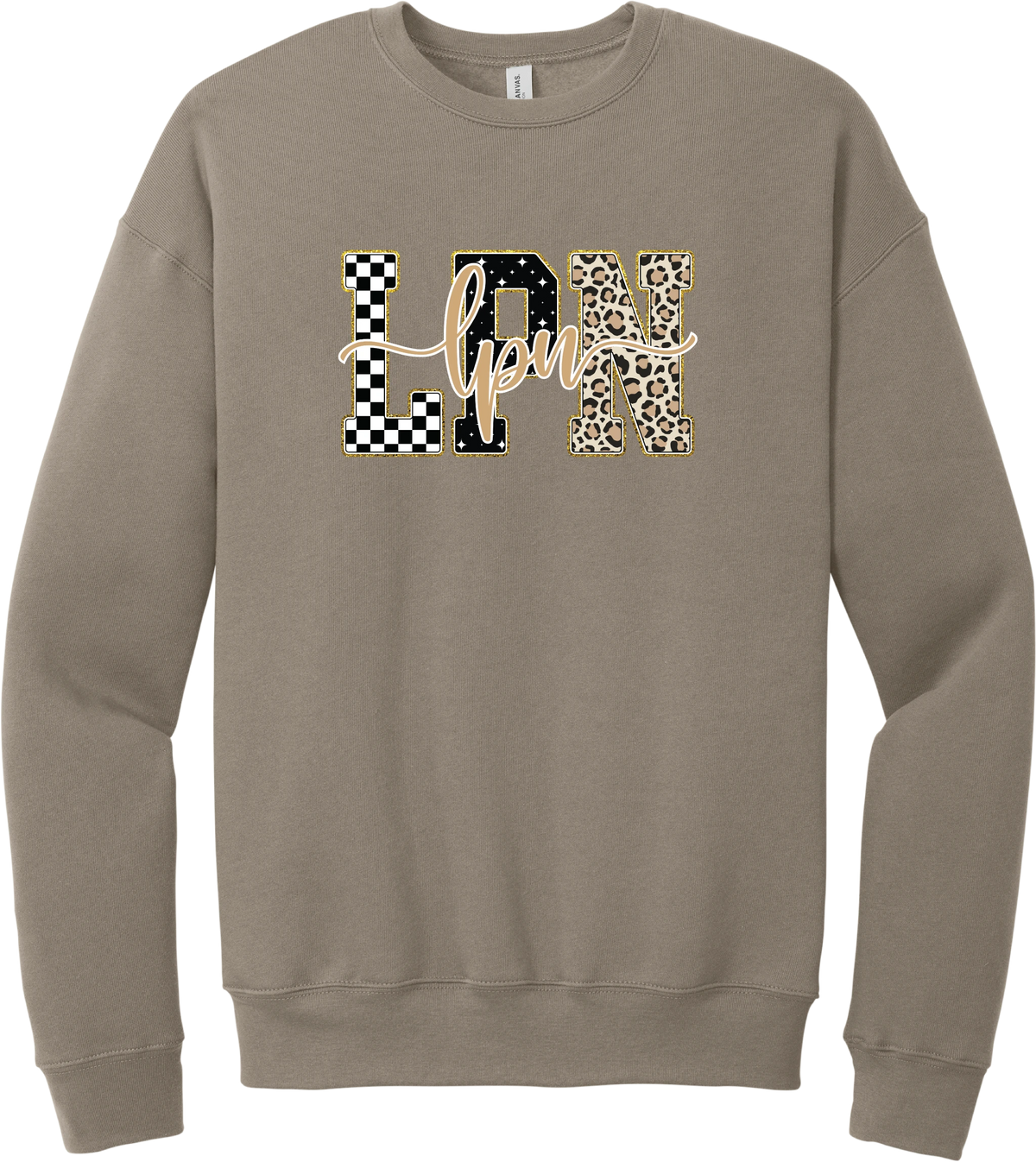 Glitzy Patterned LPN crewneck sweatshirt in Tan, featuring LPN block letters in checkerboard, sparkle star, and leopard patterns with a gold glitter outline and lpn script
