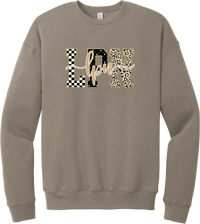 Glitzy Patterned LPN crewneck sweatshirt in Tan, featuring LPN block letters in checkerboard, sparkle star, and leopard patterns with a gold glitter outline and lpn script
