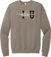 Glitzy Patterned NICU crewneck sweatshirt in Tan, featuring NICU block letters in checkerboard, polka dot, leopard, and starry patterns with a gold glitter outline and nicu script