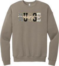Glitzy Patterned Nurse crewneck sweatshirt in Tan, featuring NURSE block letters in checkerboard, leopard, and polka dot patterns with a gold glitter outline and nurse script