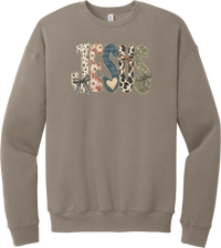 Jesus Patchwork crewneck sweatshirt in Tan, featuring JESUS in patchwork letters of floral, leopard, denim, and cow print with gingham bows and a heart