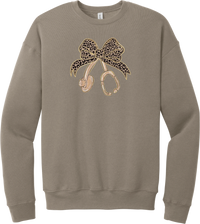 Leopard Bow Stethoscope crewneck sweatshirt in Tan, featuring a glittery leopard print coquette bow tied to a rose gold stethoscope