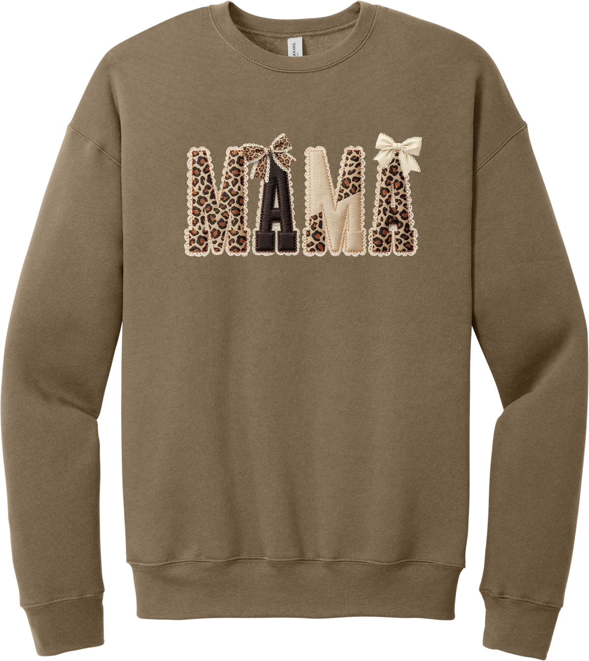 Mama Leopard Applique crewneck sweatshirt in Vintage Brown, featuring MAMA spelled out in leopard, cream, and chocolate patches with a scalloped stitched applique look and two bows