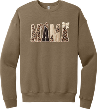 Mama Leopard Applique crewneck sweatshirt in Vintage Brown, featuring MAMA spelled out in leopard, cream, and chocolate patches with a scalloped stitched applique look and two bows