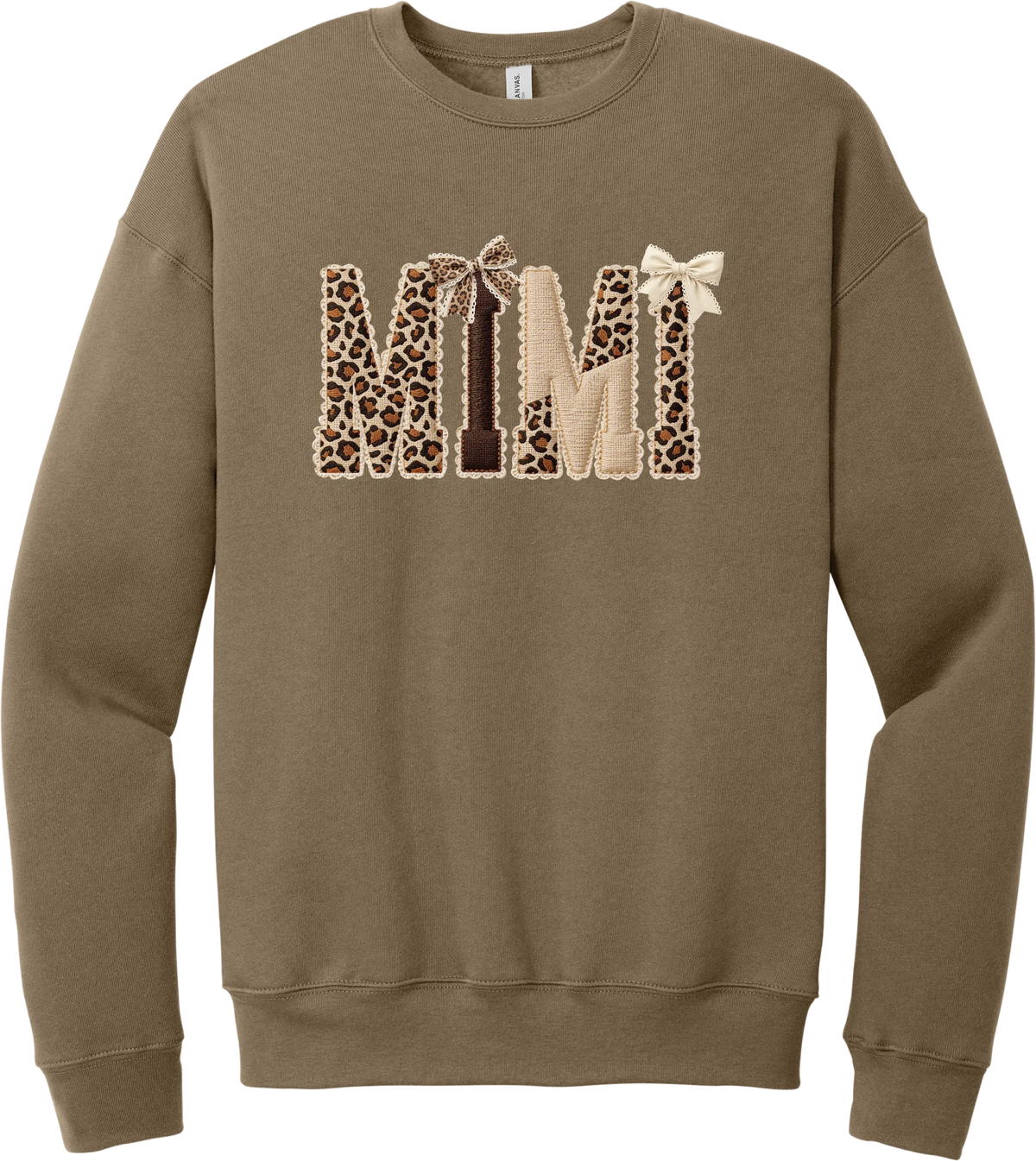 Grandma Leopard Applique crewneck sweatshirt in Vintage Brown, featuring MIMI spelled out in leopard, cream, and chocolate patches with a scalloped stitched applique look and two bows
