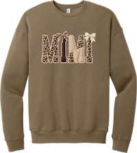 Grandma Leopard Applique crewneck sweatshirt in Vintage Brown, featuring MIMI spelled out in leopard, cream, and chocolate patches with a scalloped stitched applique look and two bows