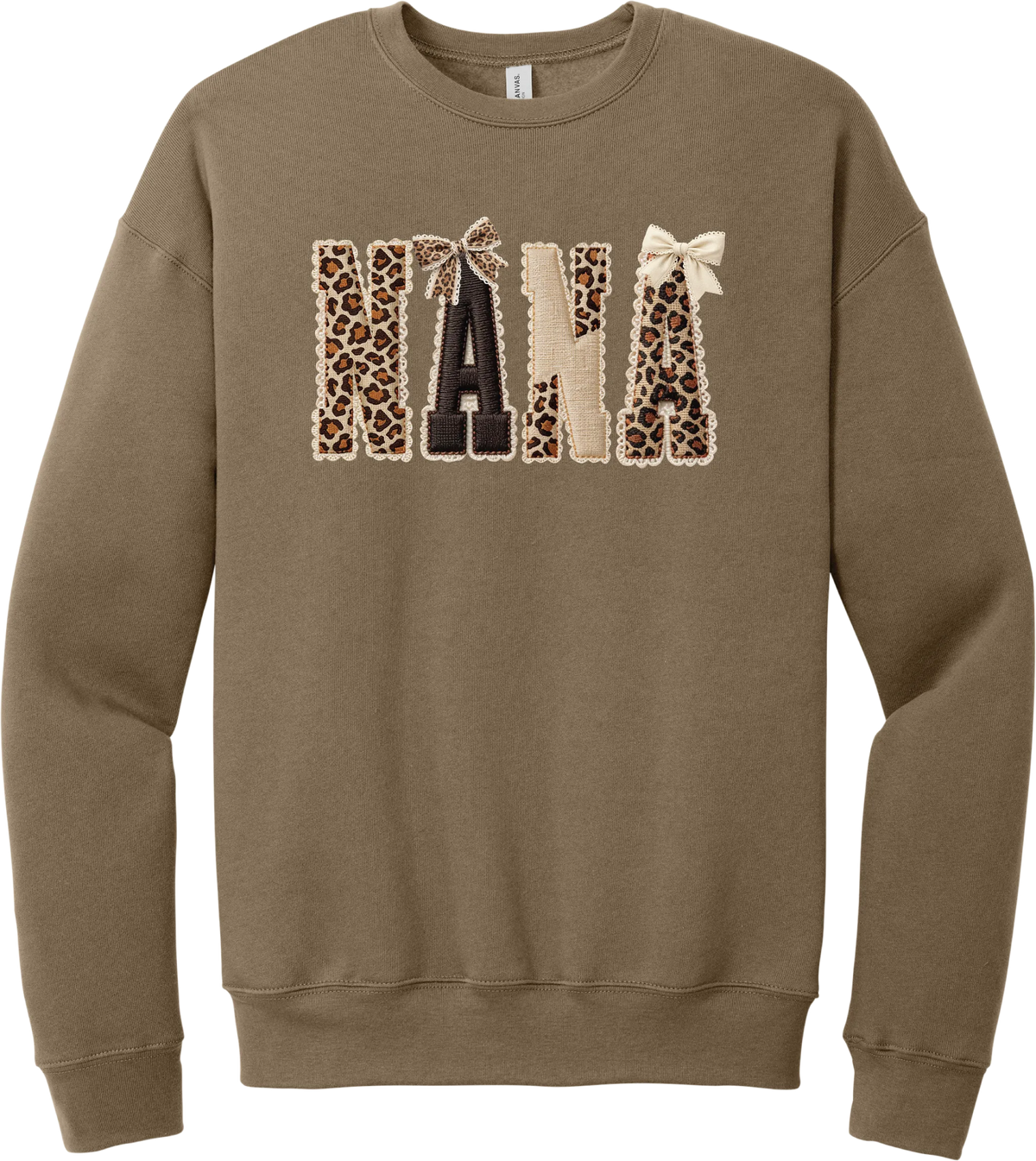 Grandma Leopard Applique crewneck sweatshirt in Vintage Brown, featuring NANA spelled out in leopard, cream, and chocolate patches with a scalloped stitched applique look and two bows