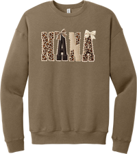 Grandma Leopard Applique crewneck sweatshirt in Vintage Brown, featuring NANA spelled out in leopard, cream, and chocolate patches with a scalloped stitched applique look and two bows