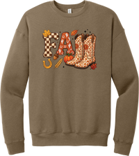 Boot Weather crewneck sweatshirt in Vintage Brown, featuring patchwork FALL letters with cowgirl boots, a pumpkin, and a horseshoe