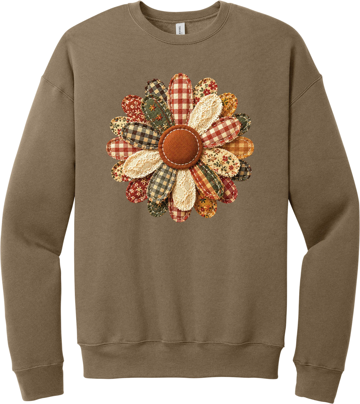 Patchwork Fabric Flower crewneck sweatshirt in Vintage Brown, featuring an oversized fabric flower with plaid, gingham, calico, and cable knit petals around a stitched rust center