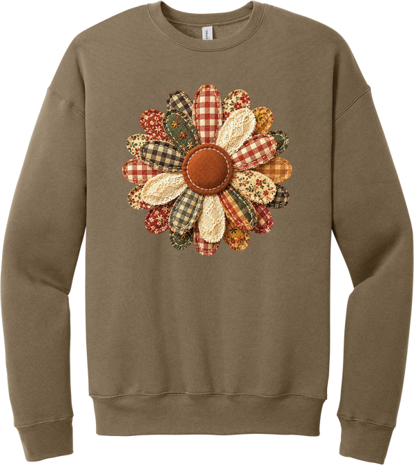 Patchwork Fabric Flower crewneck sweatshirt in Vintage Brown, featuring an oversized fabric flower with plaid, gingham, calico, and cable knit petals around a stitched rust center