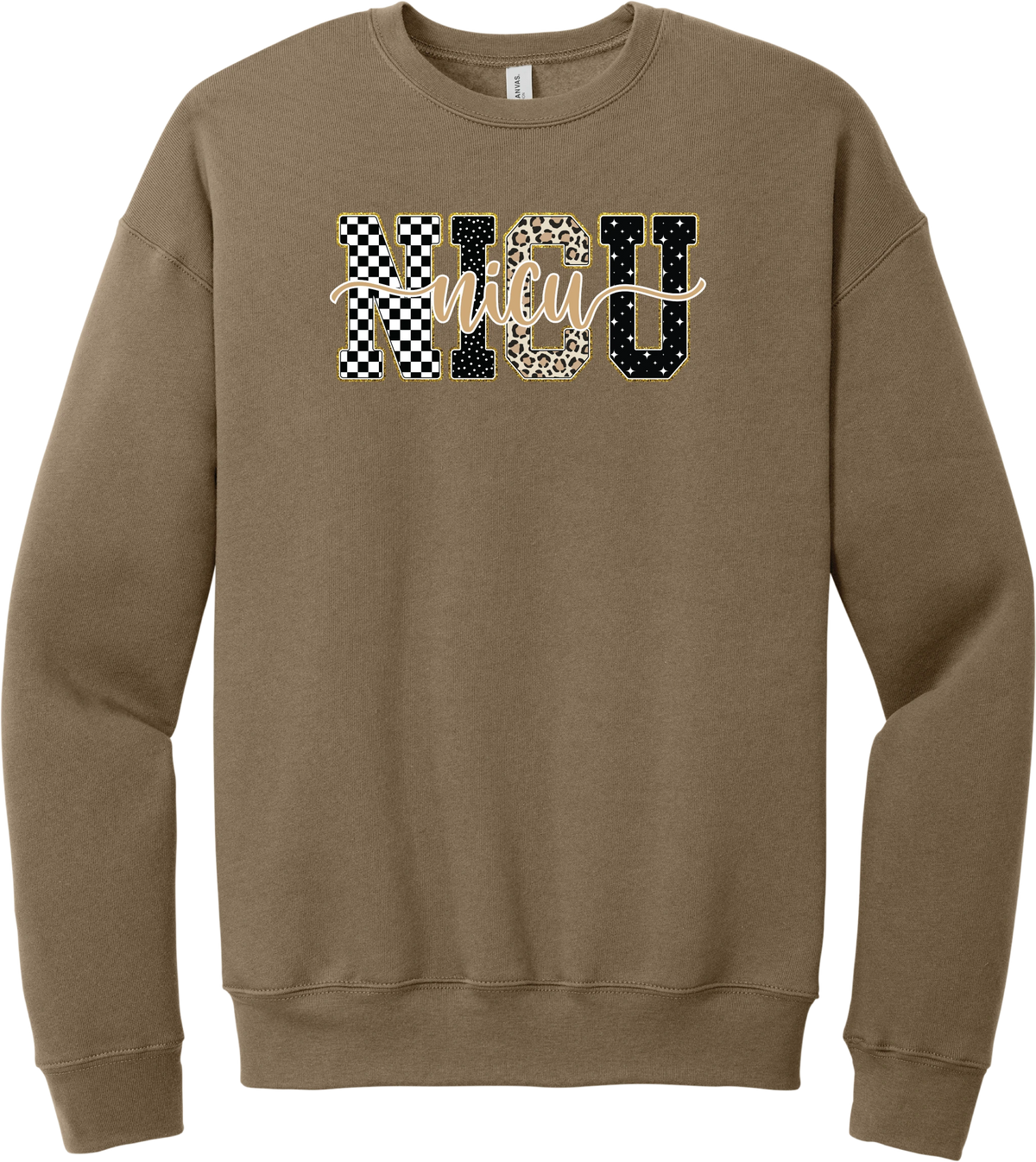 Glitzy Patterned NICU crewneck sweatshirt in Vintage Brown, featuring NICU block letters in checkerboard, polka dot, leopard, and starry patterns with a gold glitter outline and nicu script