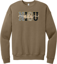 Glitzy Patterned NICU crewneck sweatshirt in Vintage Brown, featuring NICU block letters in checkerboard, polka dot, leopard, and starry patterns with a gold glitter outline and nicu script