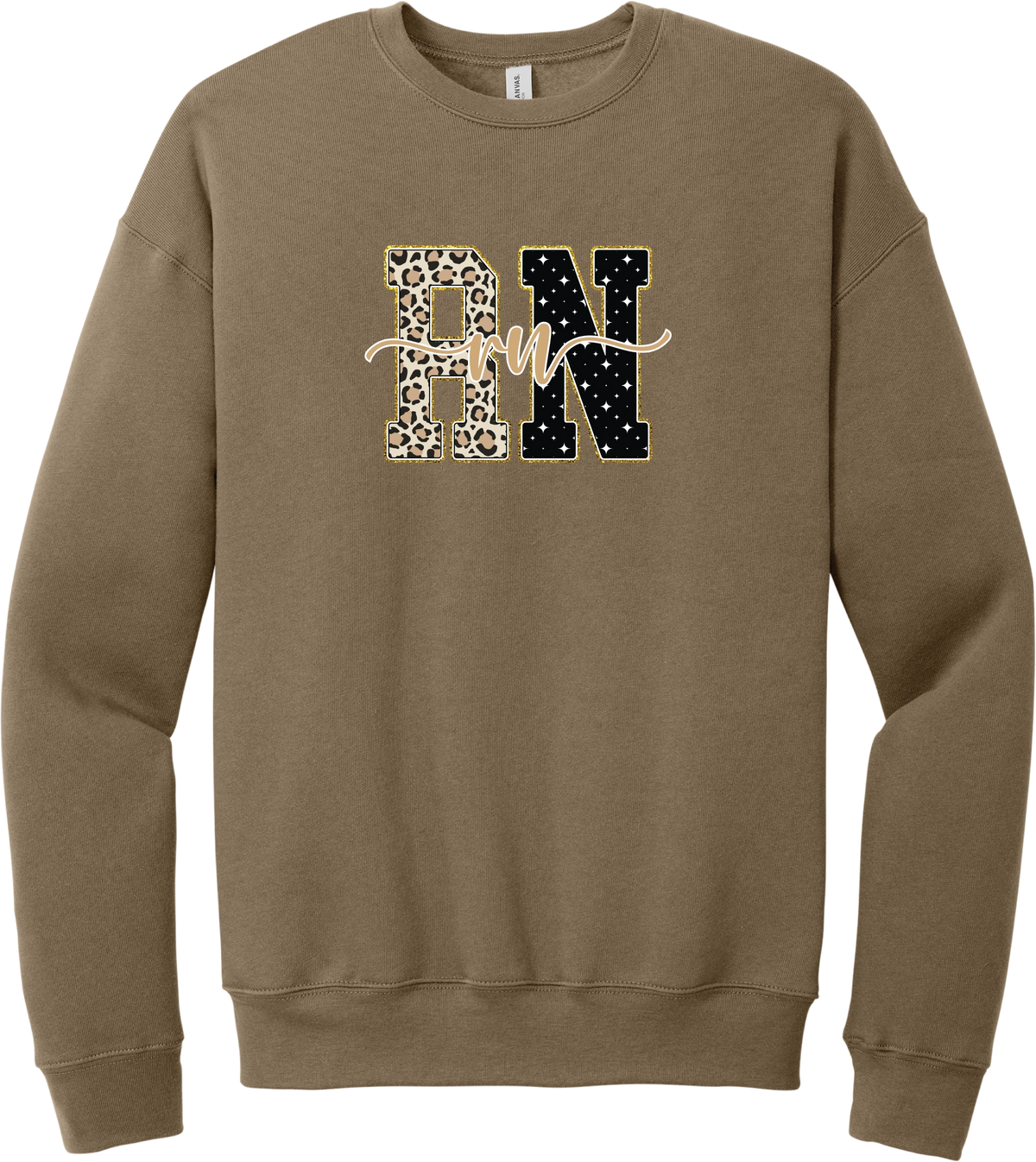 Glitzy Patterned RN crewneck sweatshirt in Vintage Brown, featuring RN block letters in leopard and sparkle star patterns with a gold glitter outline and rn script