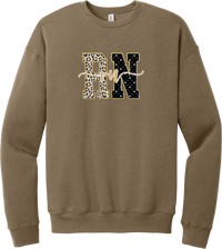 Glitzy Patterned RN crewneck sweatshirt in Vintage Brown, featuring RN block letters in leopard and sparkle star patterns with a gold glitter outline and rn script