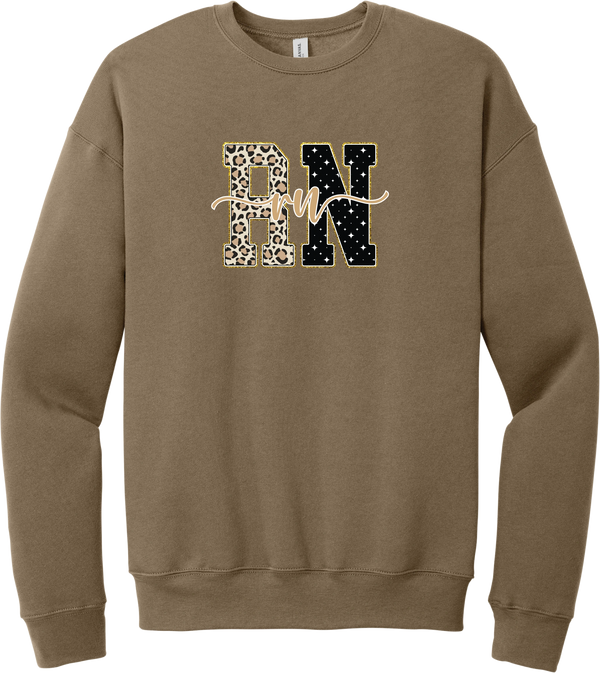 Glitzy Patterned RN crewneck sweatshirt in Vintage Brown, featuring RN block letters in leopard and sparkle star patterns with a gold glitter outline and rn script