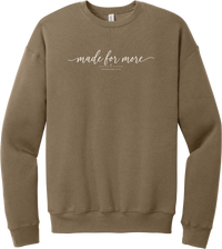 Made for More crewneck sweatshirt in Vintage Brown, featuring made for more in flowing script above a small cross and Ephesians 2:10