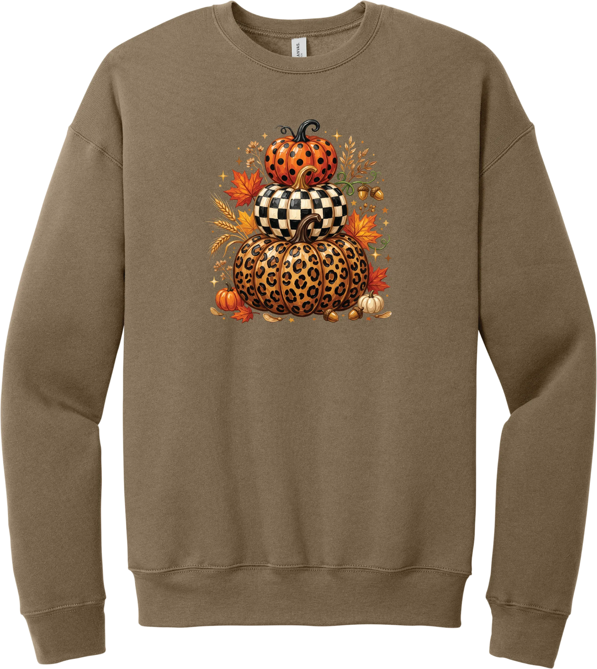 All Stacked Up crewneck sweatshirt in Vintage Brown, featuring three stacked pumpkins in polka dot, checkerboard, and leopard with autumn leaves